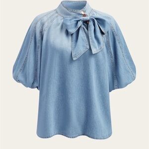 Commense denim puff top with bow detail